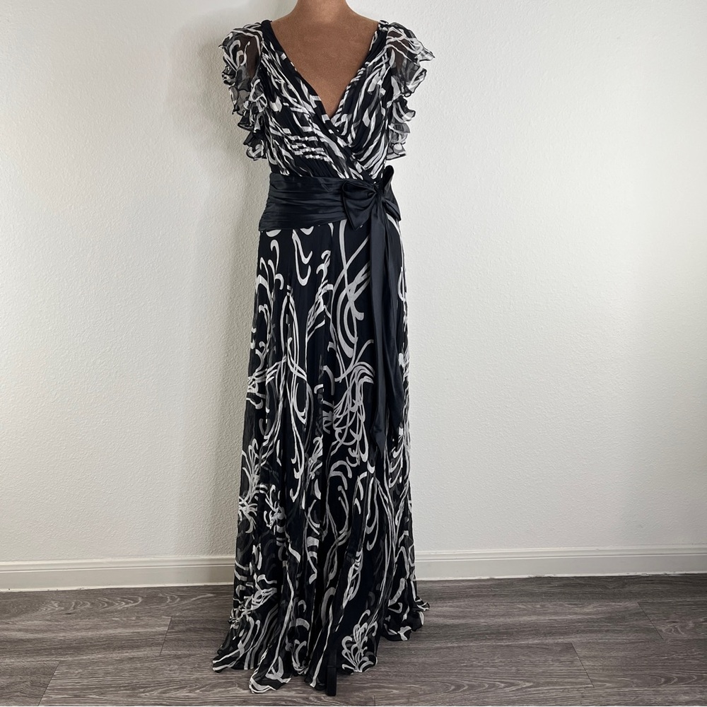 Tadashi Shoji Black and White Printed Ruffle-Sleeve Maxi Dress